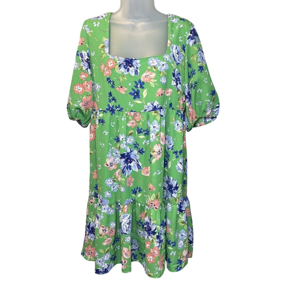 Large Green Floral Lined Square Neck Tiered Puff Sleeve Mini  derby BCBG Paris